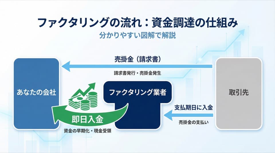 ファクタリングの仕組み - あなたの会社・ファクタリング業者・取引先の関係